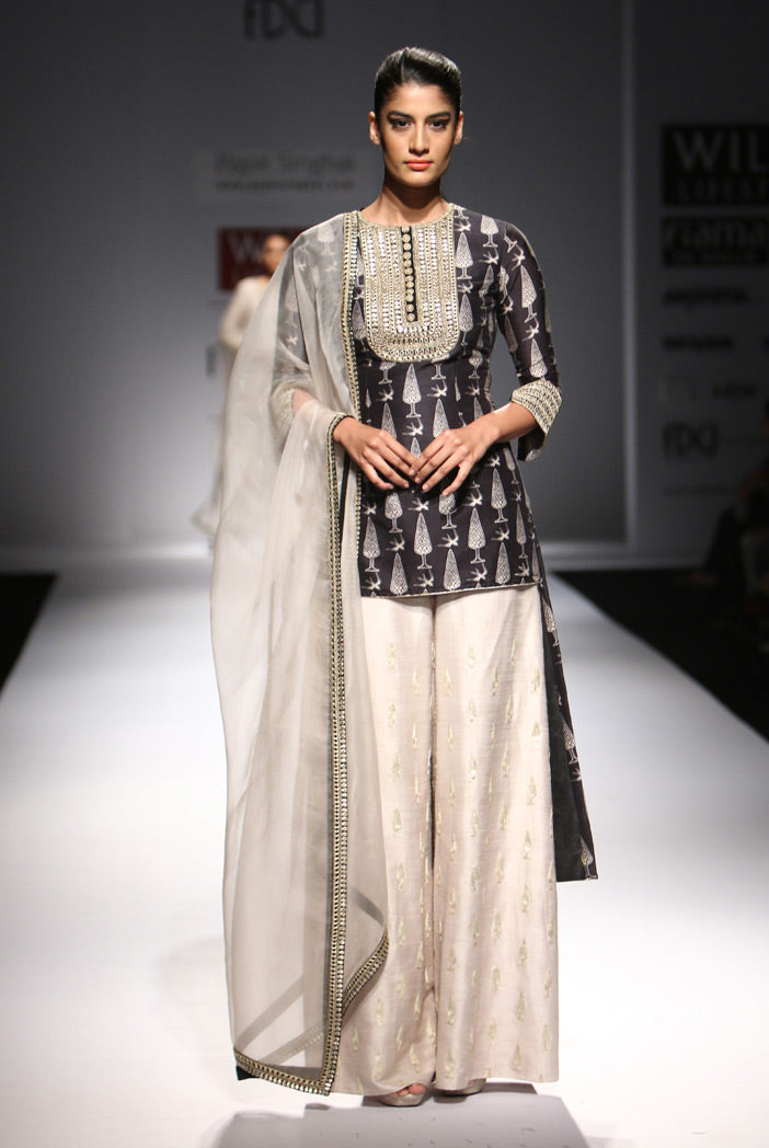 Bulbul Black Print Silkmul High-Low Kurta with Stone Dupion Silk Palazzos and organza Dupatta