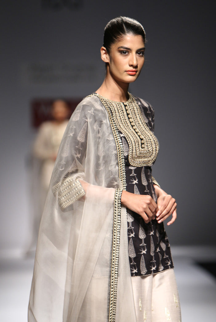 Bulbul Black Print Silkmul High-Low Kurta with Stone Dupion Silk Palazzos and organza Dupatta