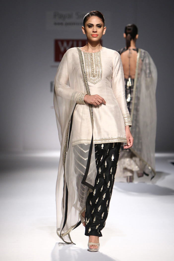 Sanober Stone Dupion Silk Kurta with Black Dupion Silk Salwar and Organza Dupatta
