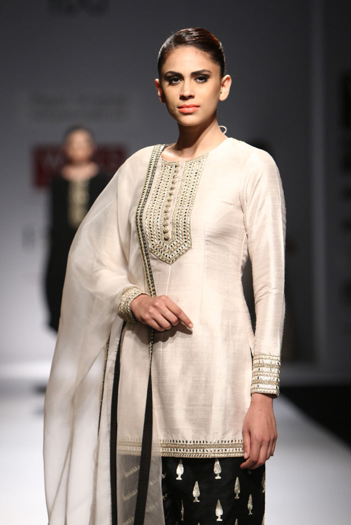 Sanober Stone Dupion Silk Kurta with Black Dupion Silk Salwar and Organza Dupatta