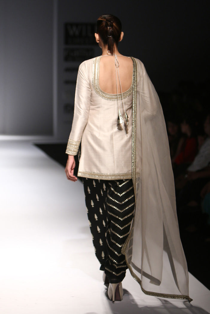 Sanober Stone Dupion Silk Kurta with Black Dupion Silk Salwar and Organza Dupatta