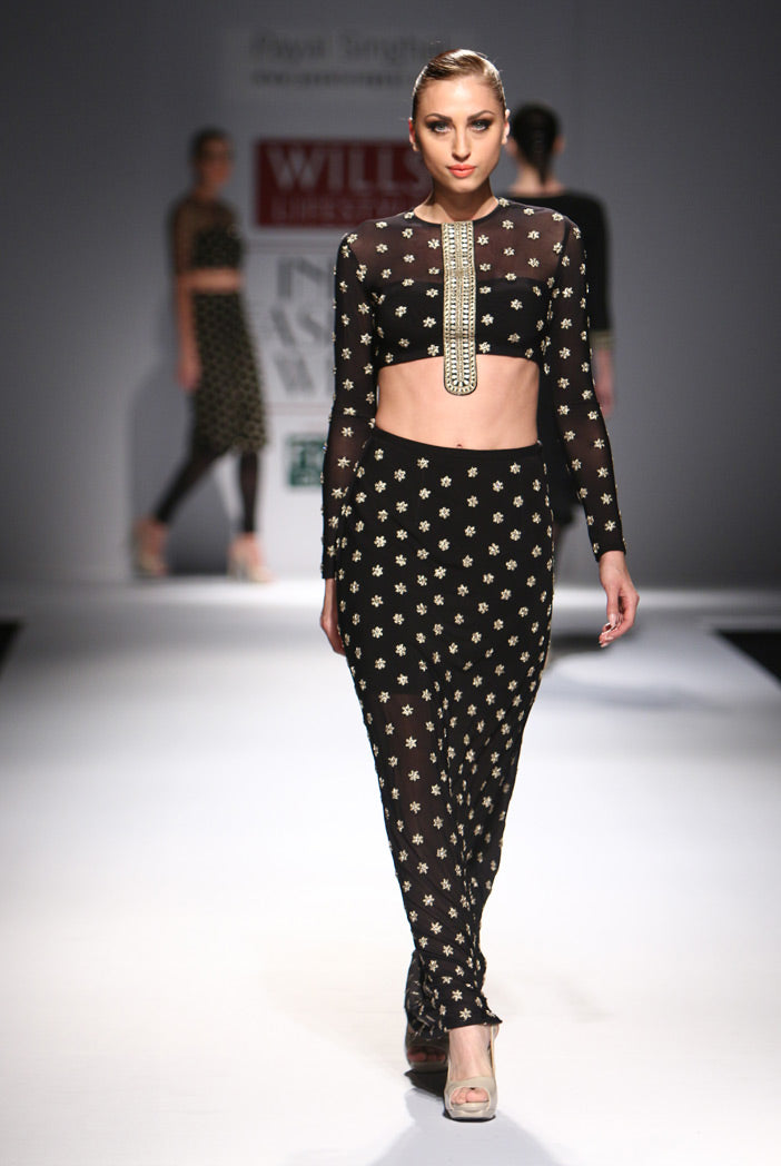 Rumi Black Soft Net Crop Top with Fitted Skirt
