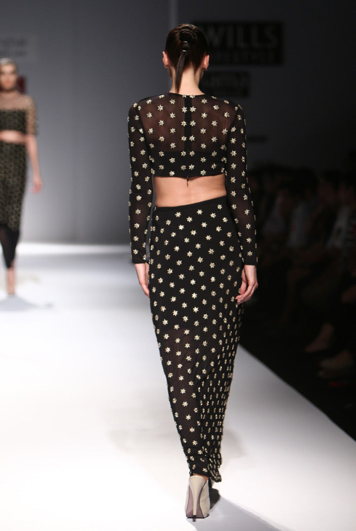 Rumi Black Soft Net Crop Top with Fitted Skirt