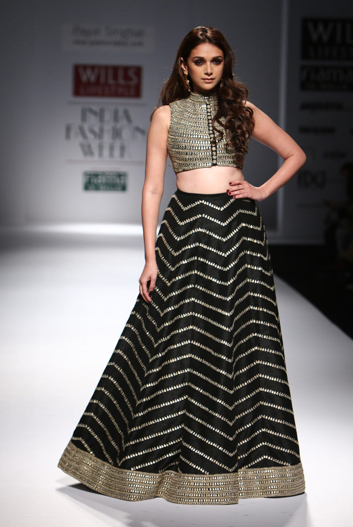 Firdaus Black Dupion Silk Choli with Lehenga