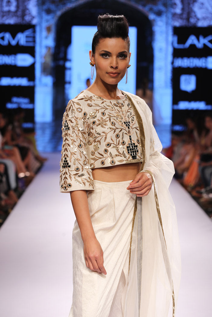 Zubaida Ivory Dupion Silk Crop Top with Dhoti Pant and Tulle Dupatta