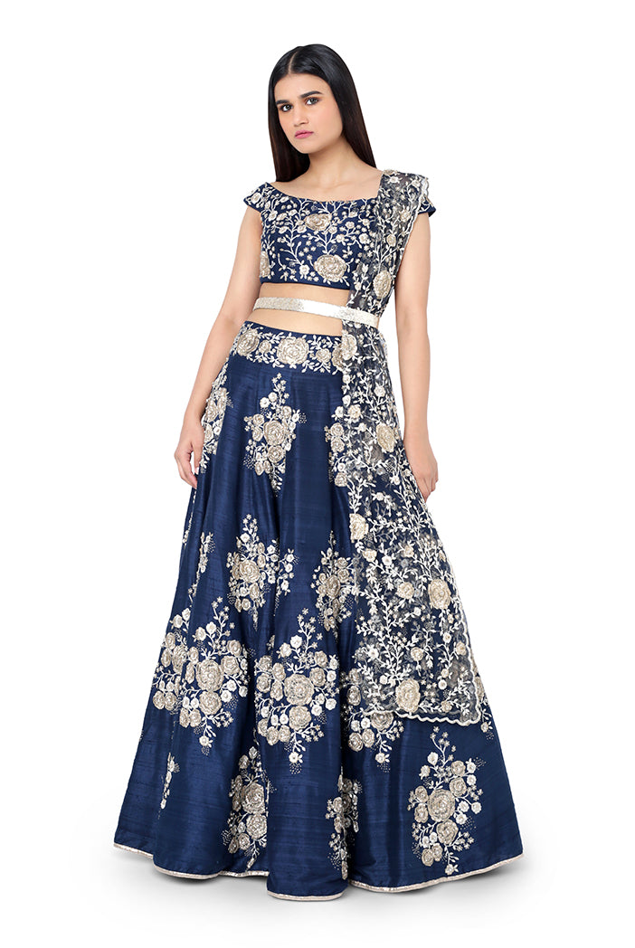 Navy Blue Colour Dupion Silk Choli with Lehenga and Net Dupatta with Leather Belt