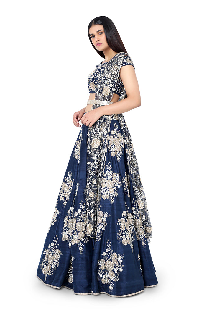 Navy Blue Colour Dupion Silk Choli with Lehenga and Net Dupatta with Leather Belt