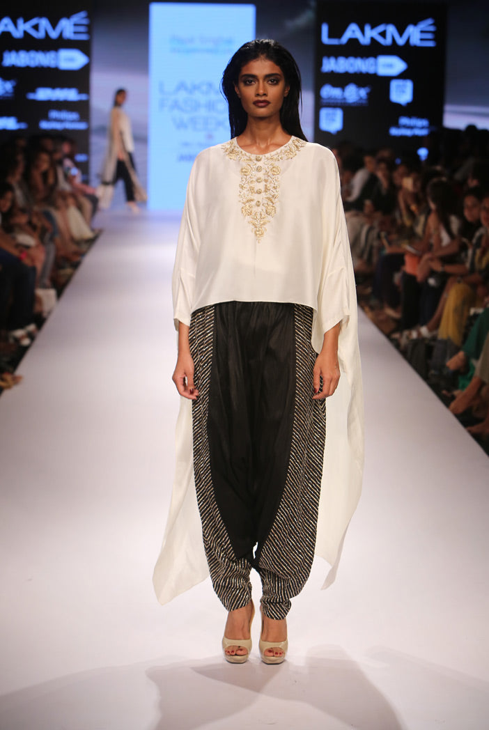 Maaya Cream Silk Kaftan Kurta with Black Silk Low Crotch Pant
