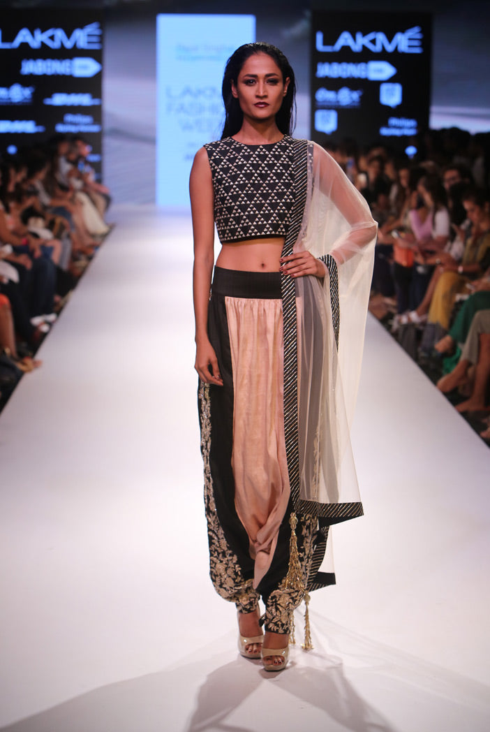 Persis Black Dupion silk Crop Top with Blush and Black Low Crotch pant and tulle Dupatta