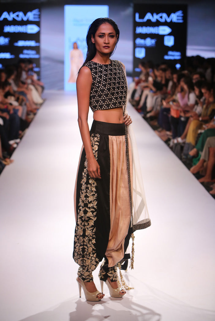 Persis Black Dupion silk Crop Top with Blush and Black Low Crotch pant and tulle Dupatta