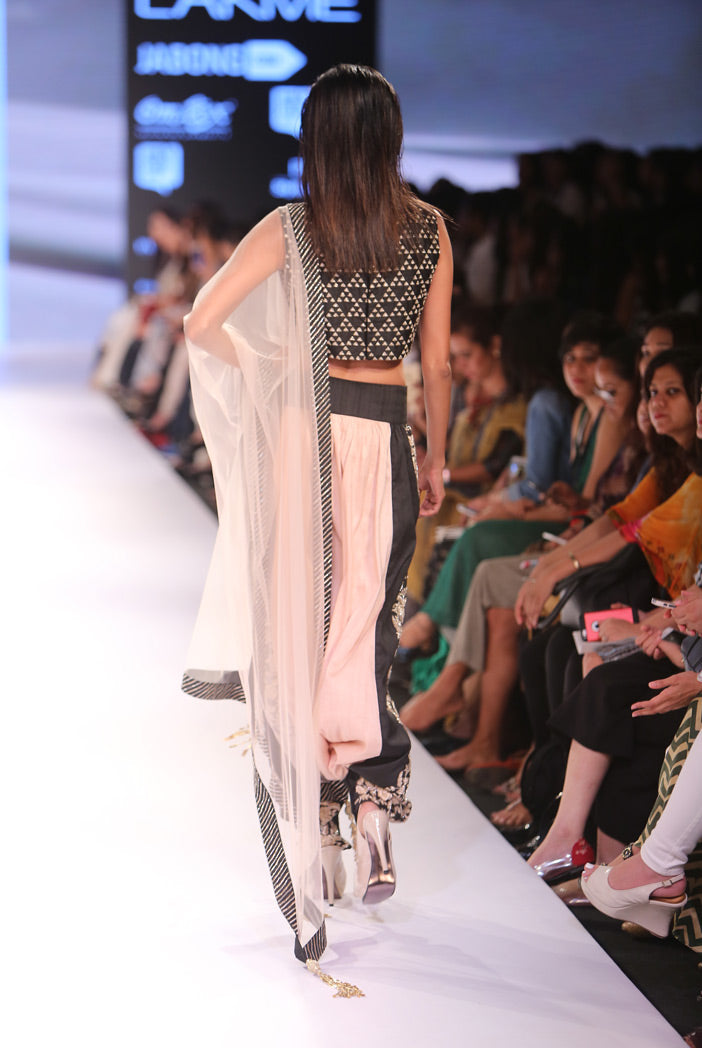Persis Black Dupion silk Crop Top with Blush and Black Low Crotch pant and tulle Dupatta