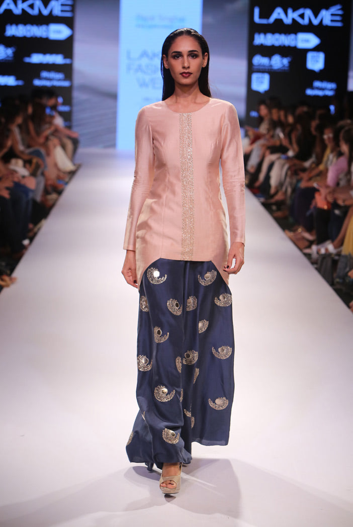 Nirva Blush Silkmul Kurta with Navy Silk Palazzo