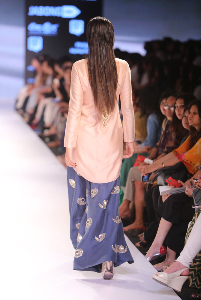 Nirva Blush Silkmul Kurta with Navy Silk Palazzo