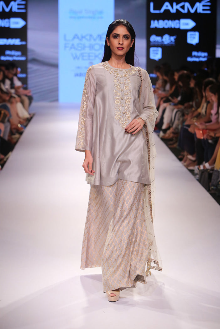 Hasina Grey Silkmul Kurta with Banarsi Palazzo and Mukaish Net Dupatta