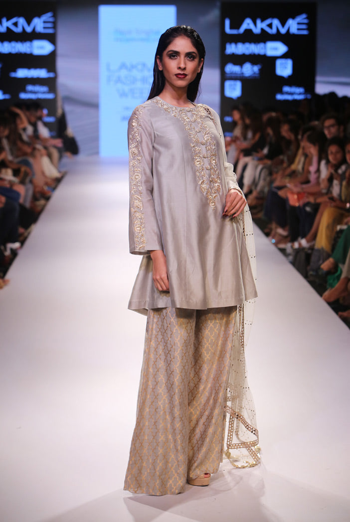 Hasina Grey Silkmul Kurta with Banarsi Palazzo and Mukaish Net Dupatta