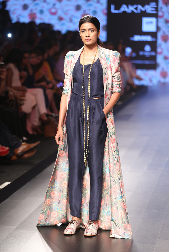 Shaheen Khaki Printed Dupion Silk Duster Jacket with Navy Silk Camisole and Pant