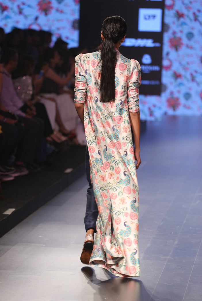 Shaheen Khaki Printed Dupion Silk Duster Jacket with Navy Silk Camisole and Pant