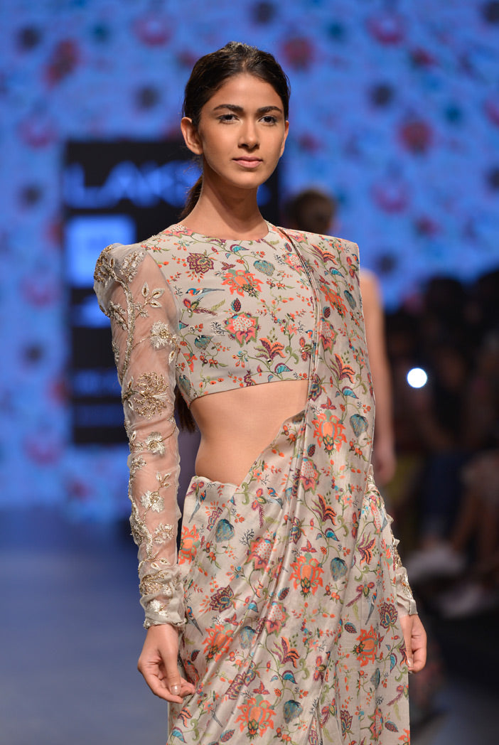Adah Khaki Printed Silkmul Choli with Saree