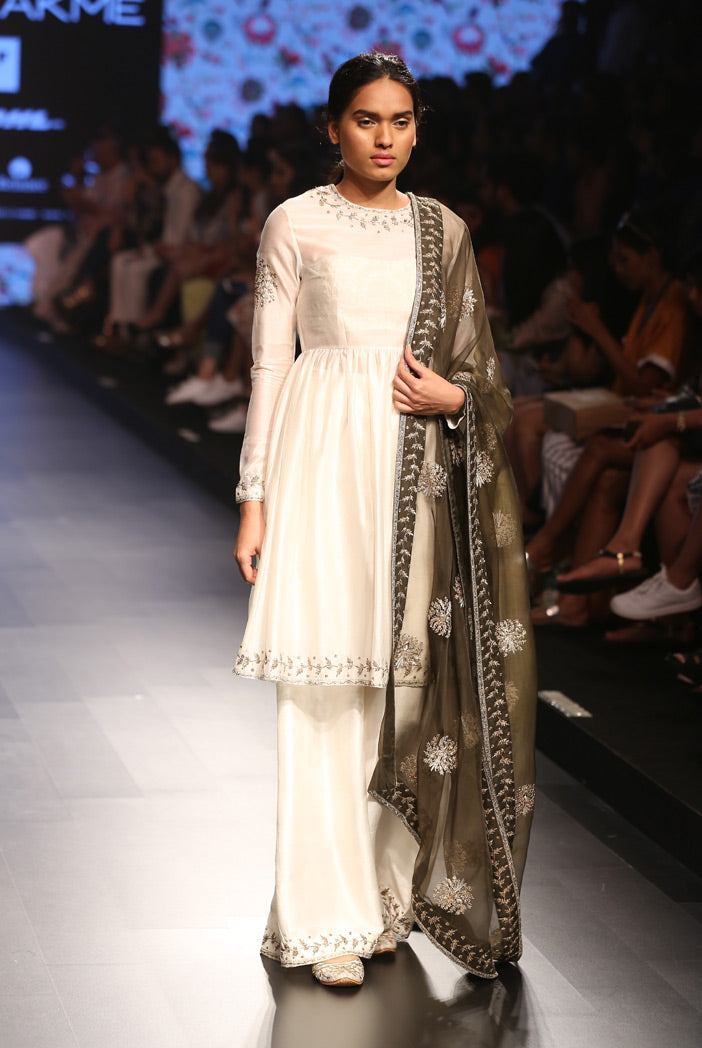 Nijah Ivory Silkmul Short Anarkali with Palazzo and Moss Green Organza Dupatta
