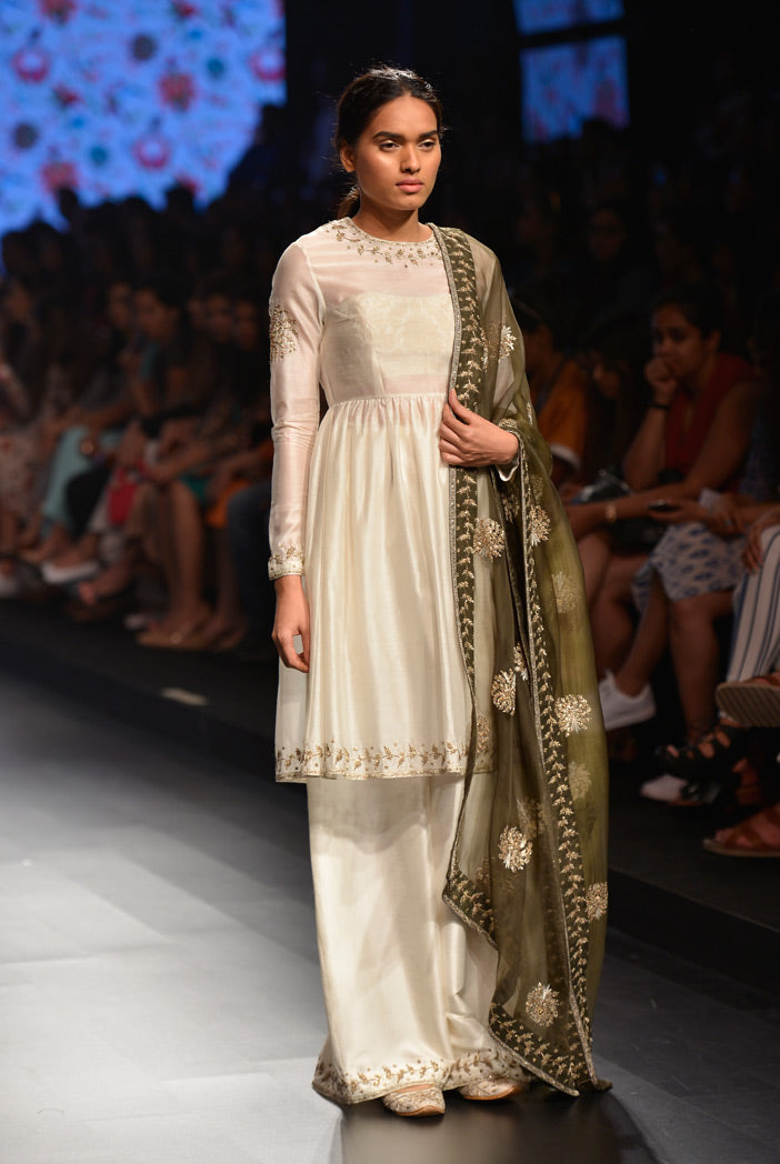 Nijah Ivory Silkmul Short Anarkali with Palazzo and Moss Green Organza Dupatta