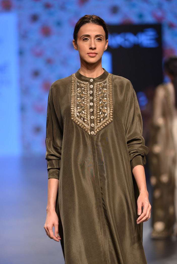 Raeesa Moss Green Silk Kurta with Soft Net Churidar