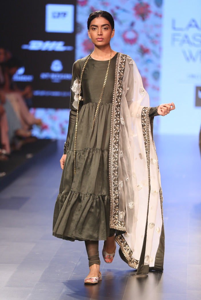 Radha Moss Green Silkmul Tiered Anarkali with Soft Net Churidar and Blush Organza Dupatta