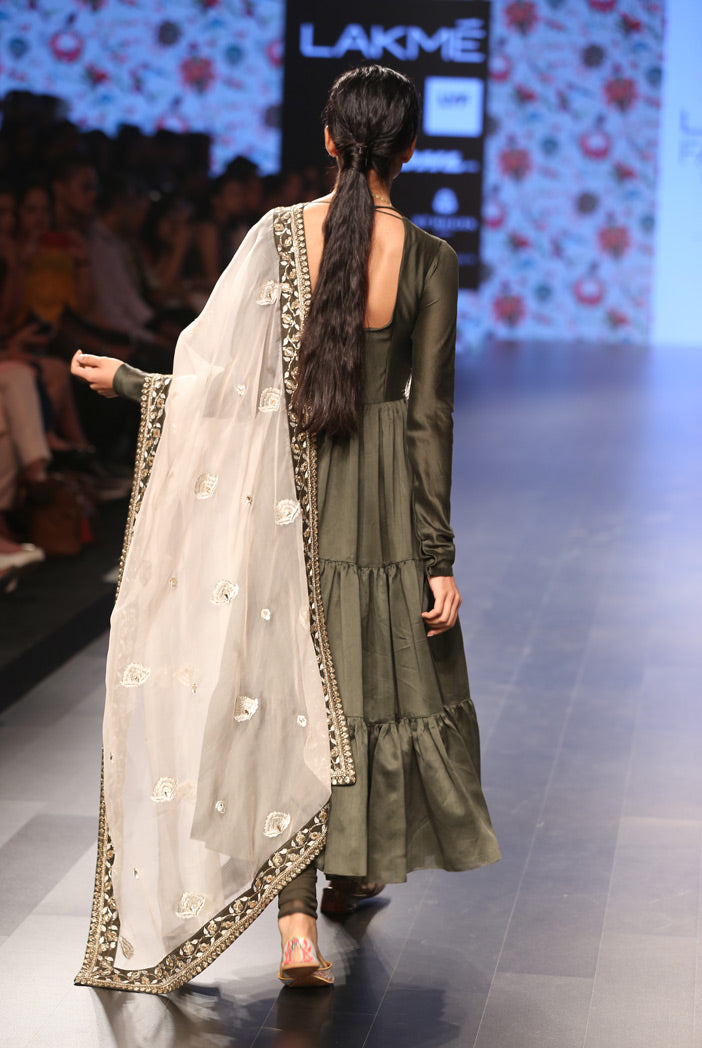 Radha Moss Green Silkmul Tiered Anarkali with Soft Net Churidar and Blush Organza Dupatta