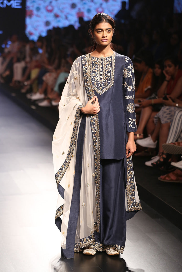 Gayatri Navy Silk Kurta with Palazzo and Blush Tulle Dupatta