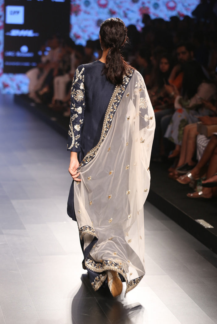 Gayatri Navy Silk Kurta with Palazzo and Blush Tulle Dupatta