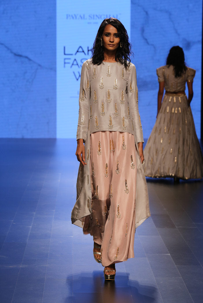 Iran Dove Grey Silk Kurta with Blush Silk Palazzo