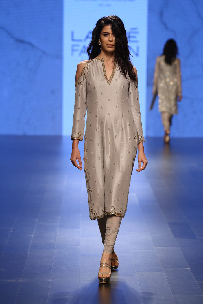 Zarin Dove Grey Silk Kurta with Soft Net Churidar