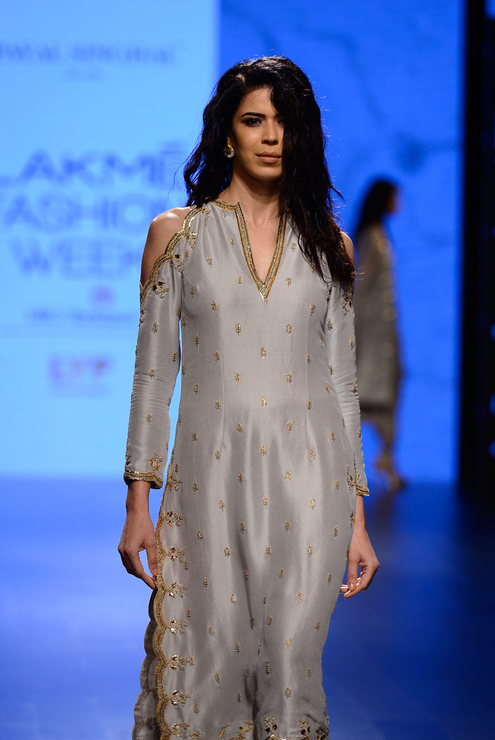 Zarin Dove Grey Silk Kurta with Soft Net Churidar