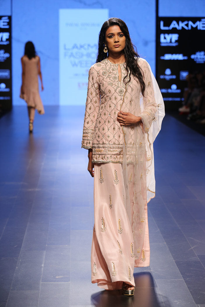 Parveen Blush Silk Kurta with Palazzo and dove Grey Tulle Dupatta