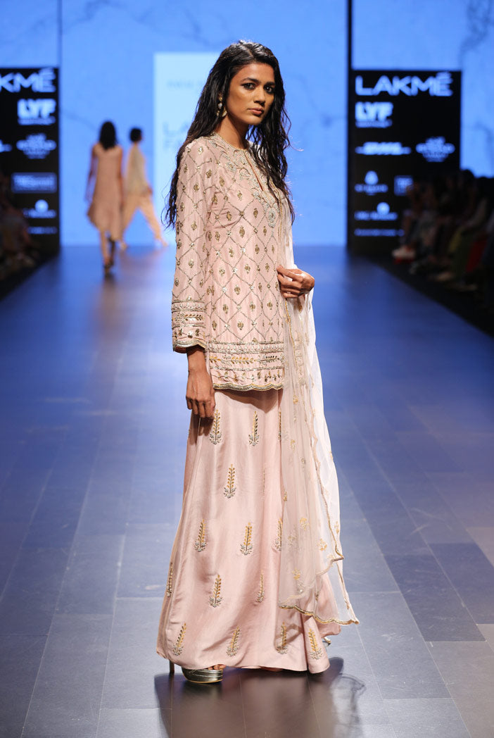 Parveen Blush Silk Kurta with Palazzo and dove Grey Tulle Dupatta