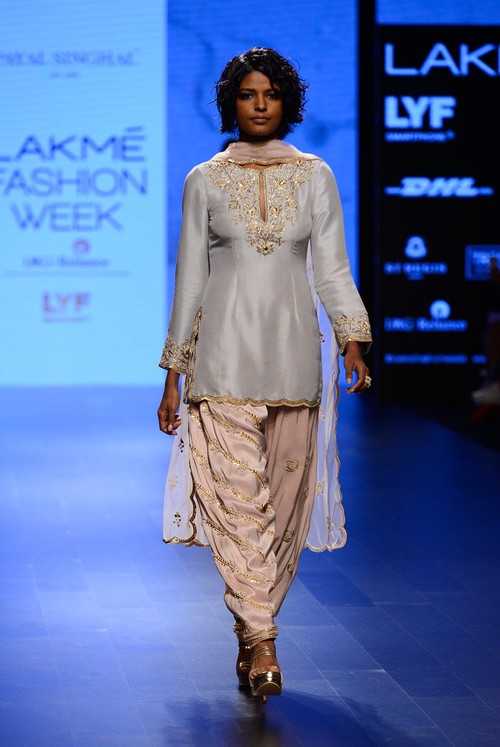 Kismat Dove Grey Silk Kurta with Blush Silk Salwar and Tulle Dupatta