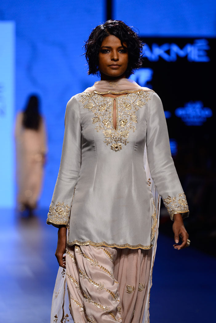 Kismat Dove Grey Silk Kurta with Blush Silk Salwar and Tulle Dupatta
