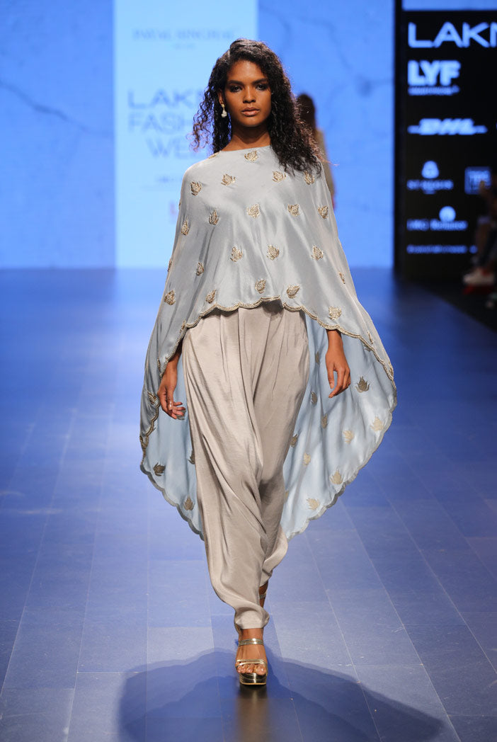 Ittar Powder Blue Silk Cape with Dove Grey Silk Camisole and low Crotch Pant
