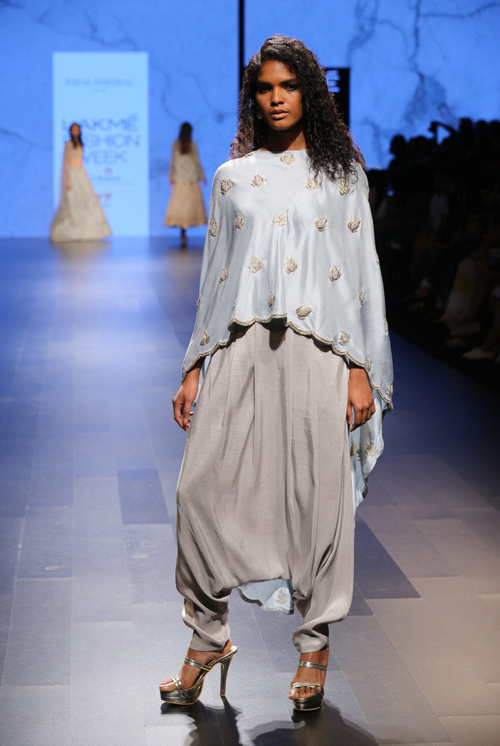 Ittar Powder Blue Silk Cape with Dove Grey Silk Camisole and low Crotch Pant
