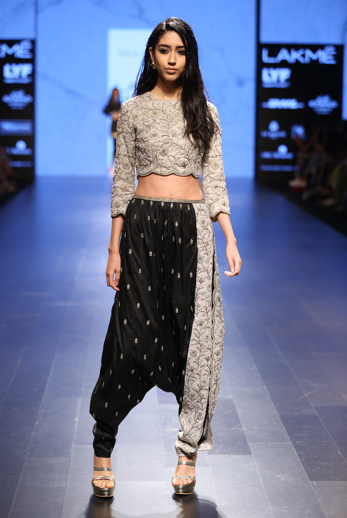 Vida Dove Grey Dupion Silk Crop Top with Black Dupion Silk Low Crotch pant and Dove Grey Dupion Silk Side Seam Panel