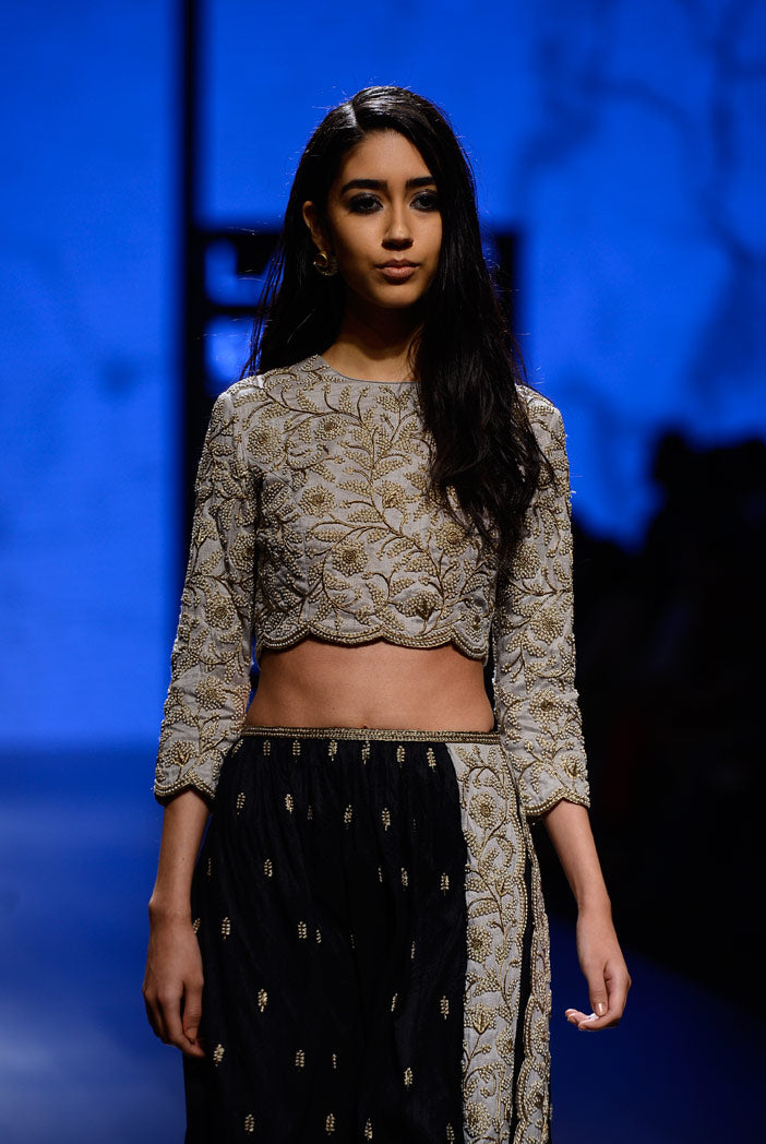 Vida Dove Grey Dupion Silk Crop Top with Black Dupion Silk Low Crotch pant and Dove Grey Dupion Silk Side Seam Panel