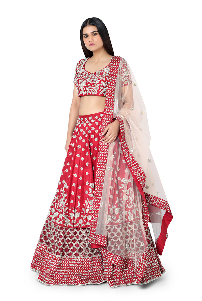 Red Colour Dupion Silk Choli with lehenga and Blush Colour Net Dupatta
