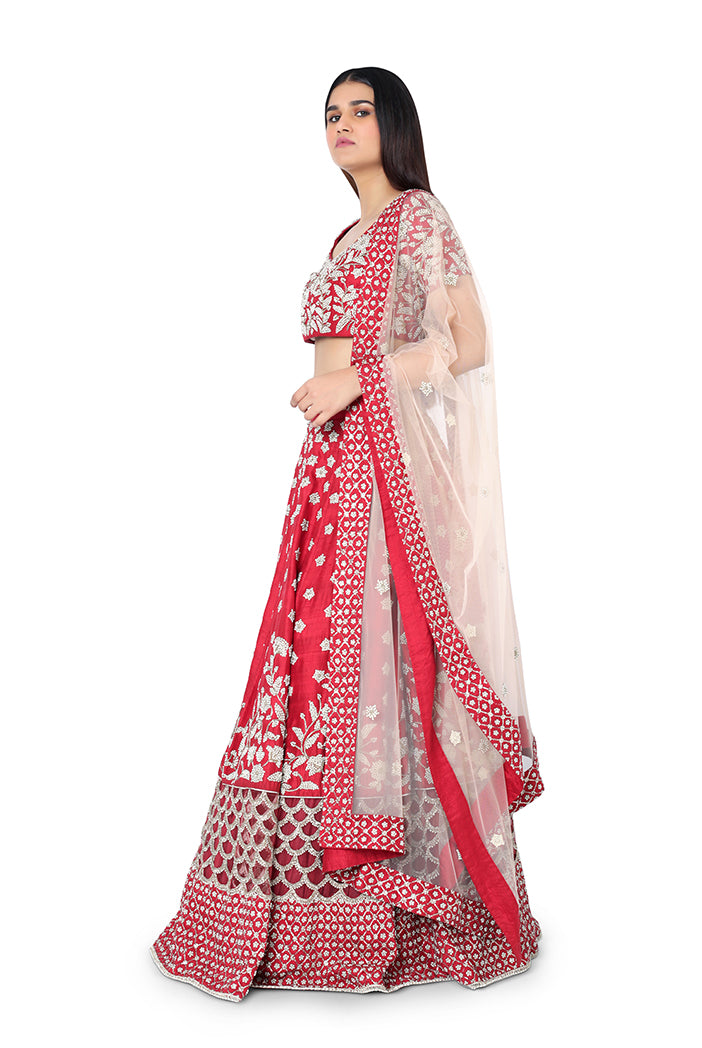 Red Colour Dupion Silk Choli with lehenga and Blush Colour Net Dupatta