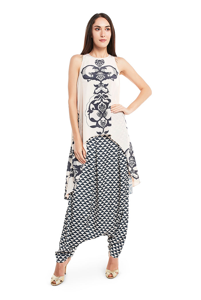 Blush Colour Printed Art Crepe Kurta with Black Colour Printed Art Crepe Low Crotch Pant
