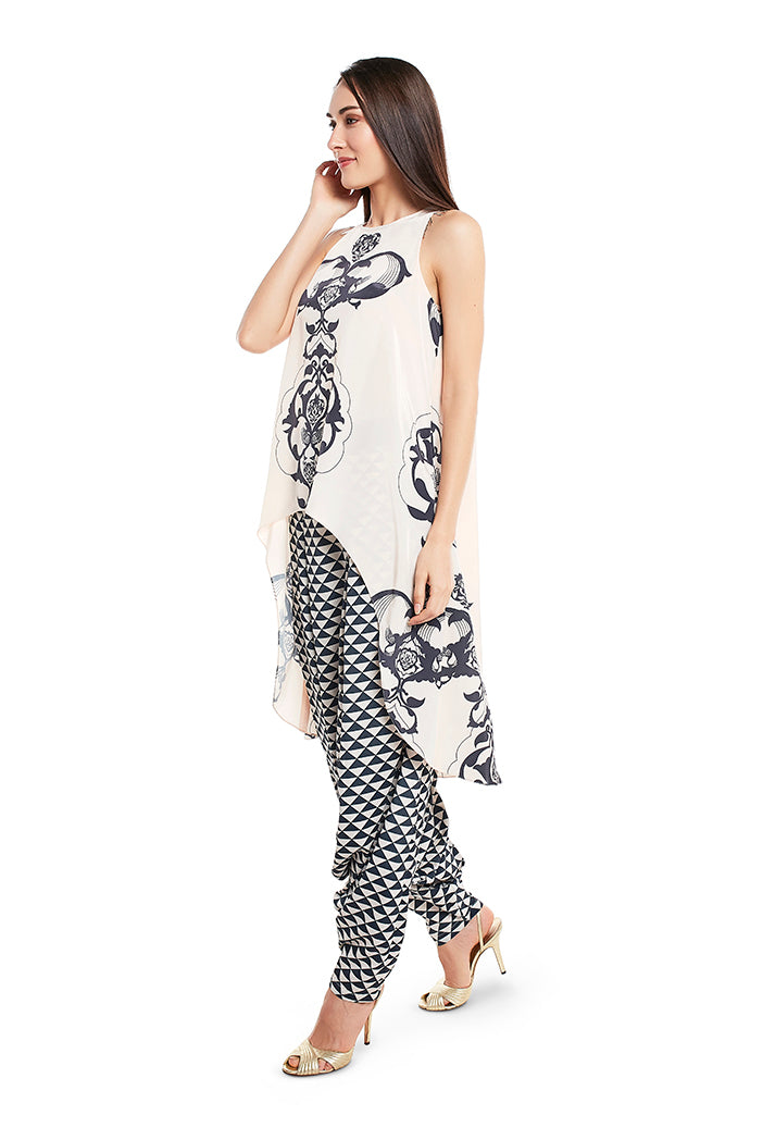 Blush Colour Printed Art Crepe Kurta with Black Colour Printed Art Crepe Low Crotch Pant