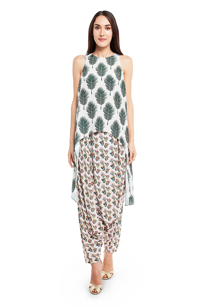 Cream Colour Printed Art Crepe Kurta with Low Crotch Pant