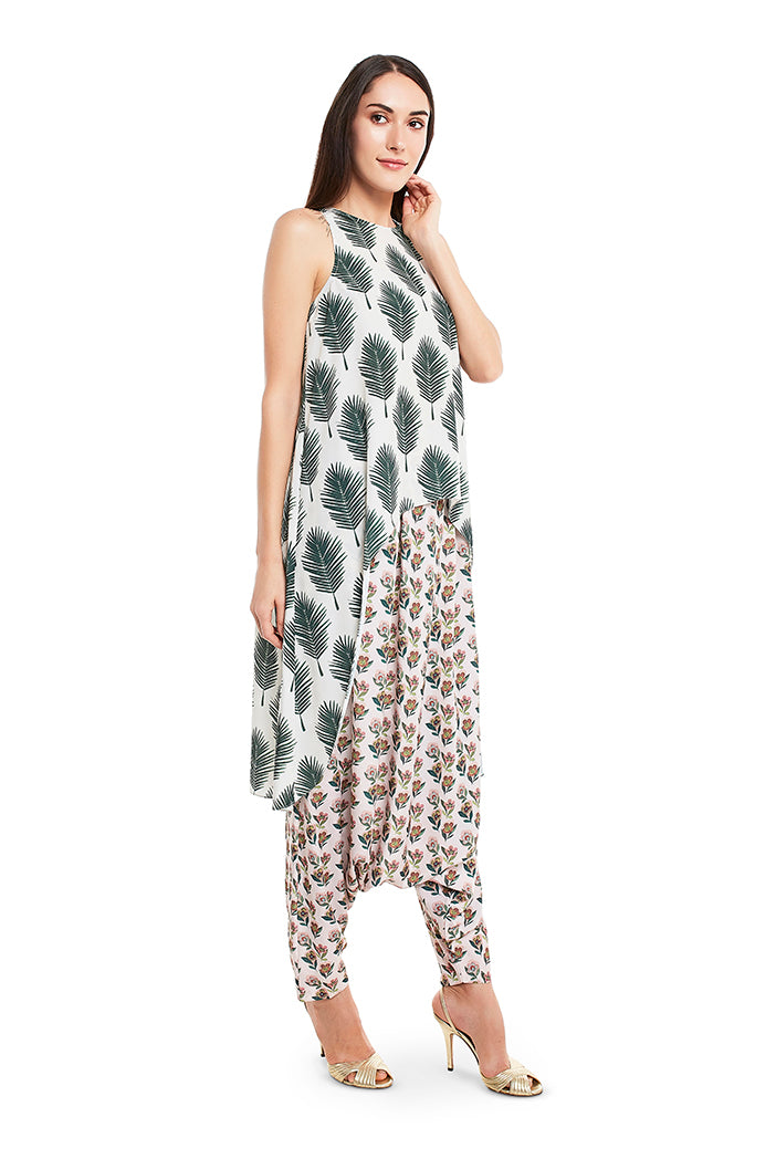 Cream Colour Printed Art Crepe Kurta with Low Crotch Pant