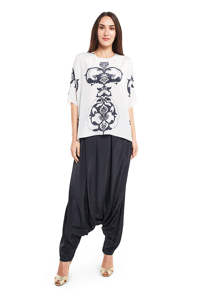 White Colour Printed Art Crepe Top with Black Colour Art Crepe Low Crotch Pant