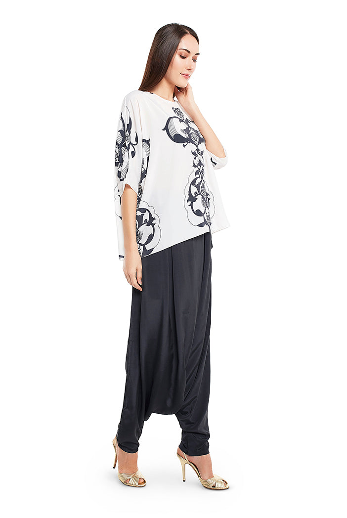 White Colour Printed Art Crepe Top with Black Colour Art Crepe Low Crotch Pant