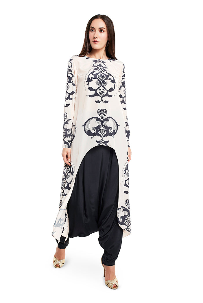 Blush Pink Colour Printed Art Crepe Top with Black Colour Art Crepe Low Crotch Pant