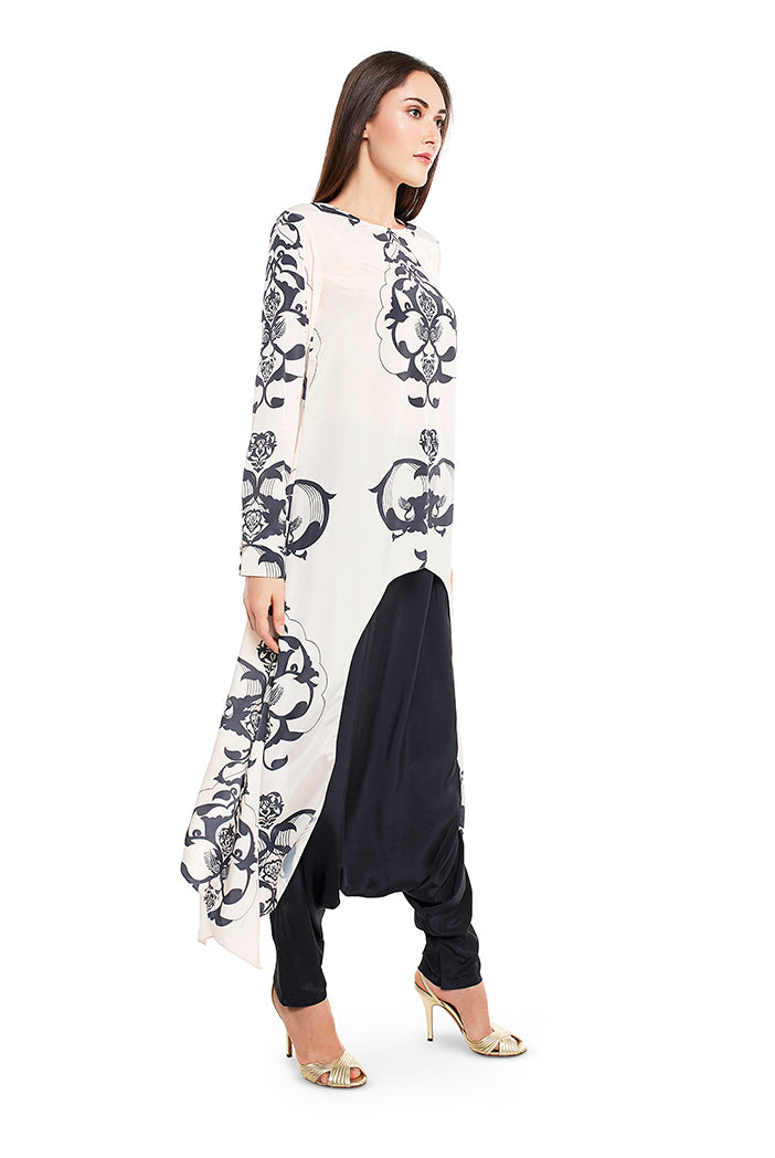 Blush Pink Colour Printed Art Crepe Top with Black Colour Art Crepe Low Crotch Pant